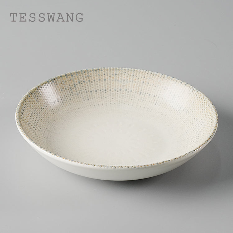 Wheat Whisper Shallow Bowl 8" — Dotted Rim Wide-Well Ceramic Bowl