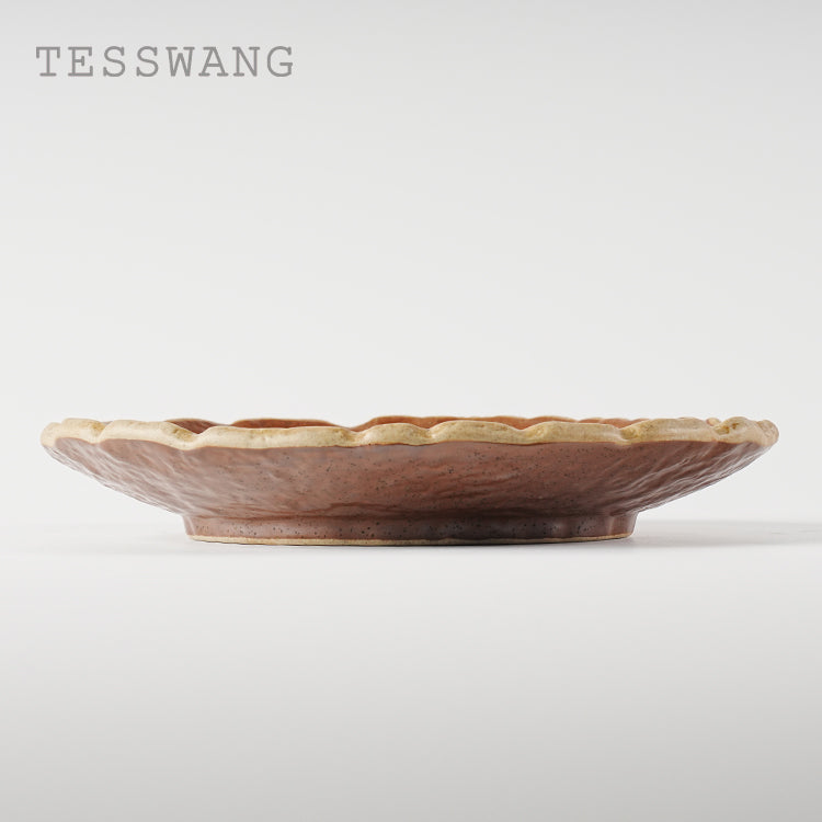 Iron Bloom Stone-Texture Plate 9" — Petal-Rim Lava Glaze Ceramic Dish