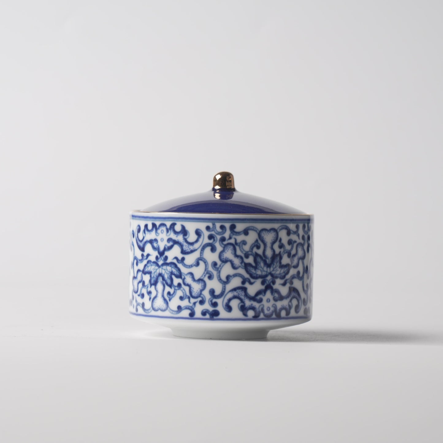 Fu Lu Gold — 4" Imperial Blue & White Lotus Scroll Double-Boiler Jar
