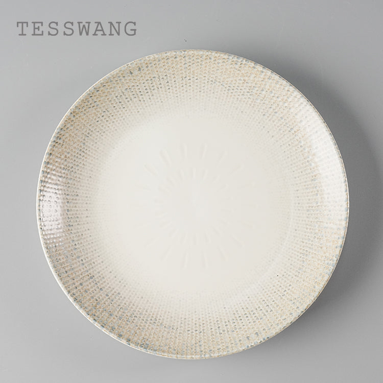 Wheat Whisper Shallow Plate 11" — Outward-Rim Dotted Wide-Well Ceramic Plate