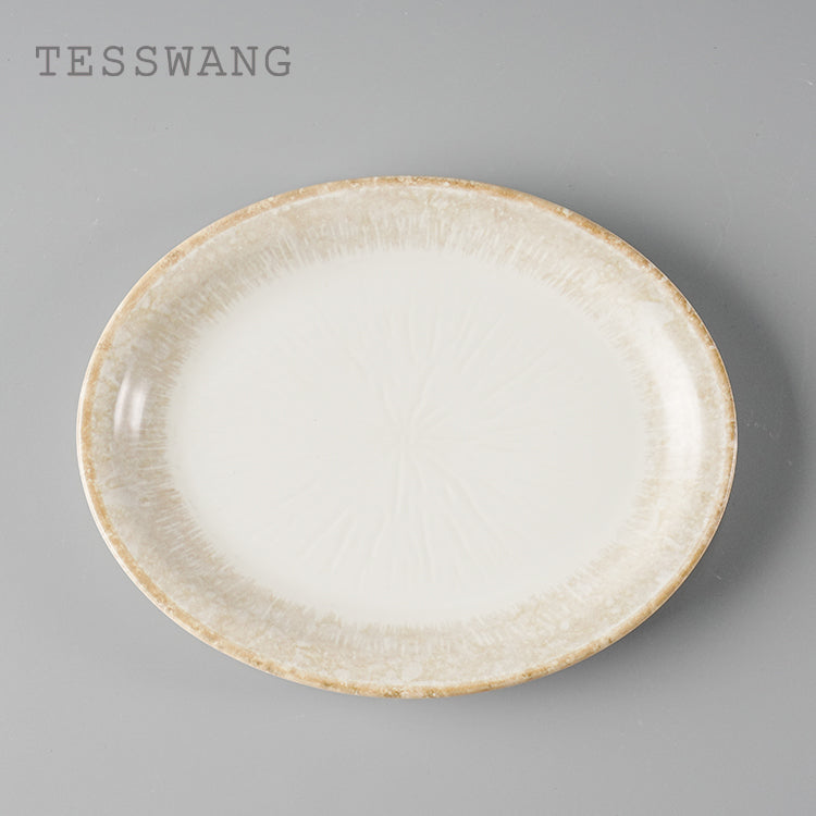 Gilded Edge Oval Fish Plate 9.5" — Narrow-Rim Ceramic Serving Platter
