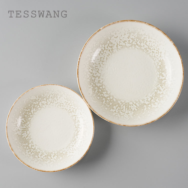Stardust Series Shallow Bowl — Crystal Bloom Rim Wide-Well Ceramic Bowl