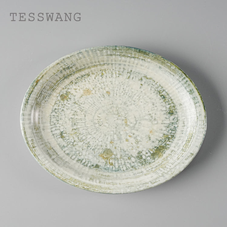 Frost Bloom Oval Fish Plate 9.5" — Carved Rim Ceramic Serving Platter