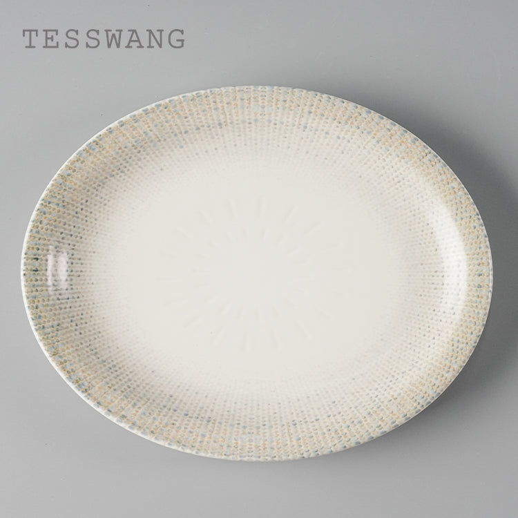 Wheat Whisper Oval Fish Plate 9.5" — Dotted Rim Narrow-Edge Ceramic Serving Platter