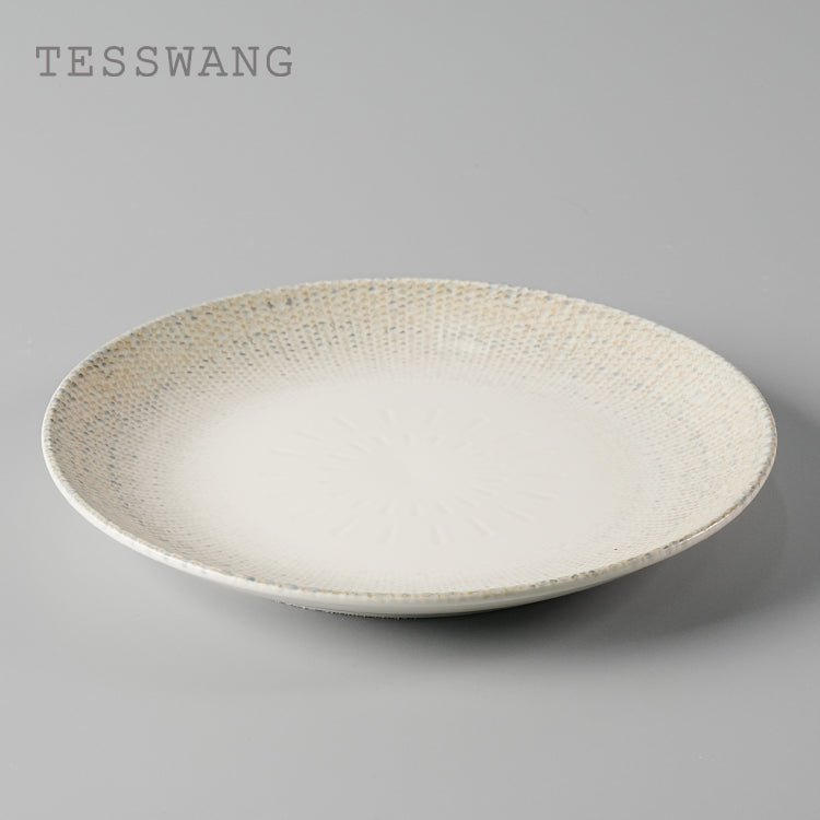 Wheat Whisper Shallow Plate 11" — Outward-Rim Dotted Wide-Well Ceramic Plate