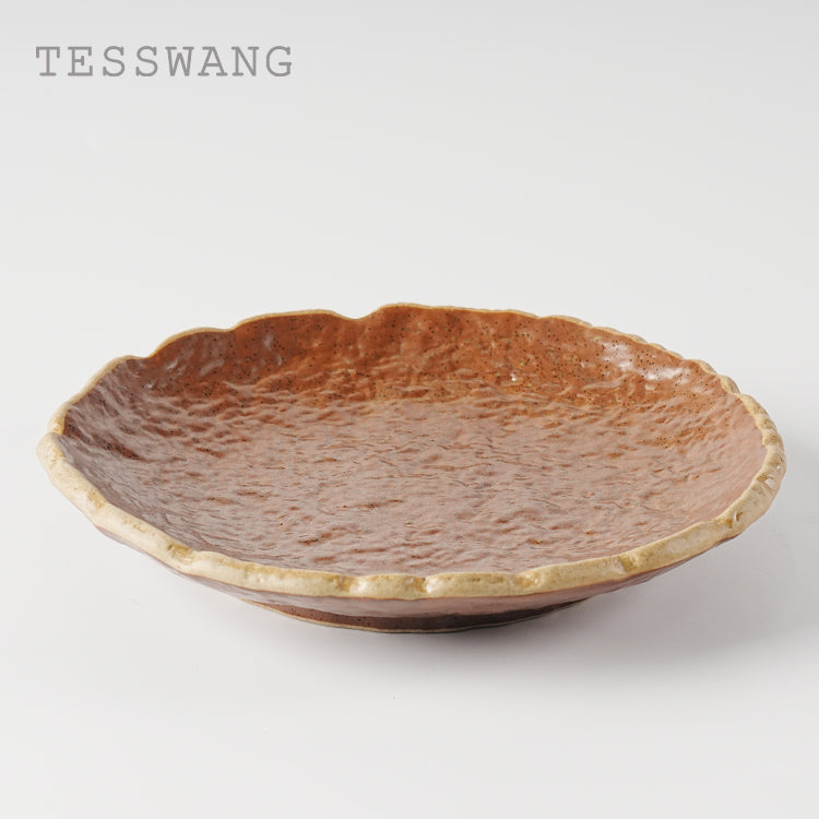 Iron Bloom Stone-Texture Plate 9" — Petal-Rim Lava Glaze Ceramic Dish