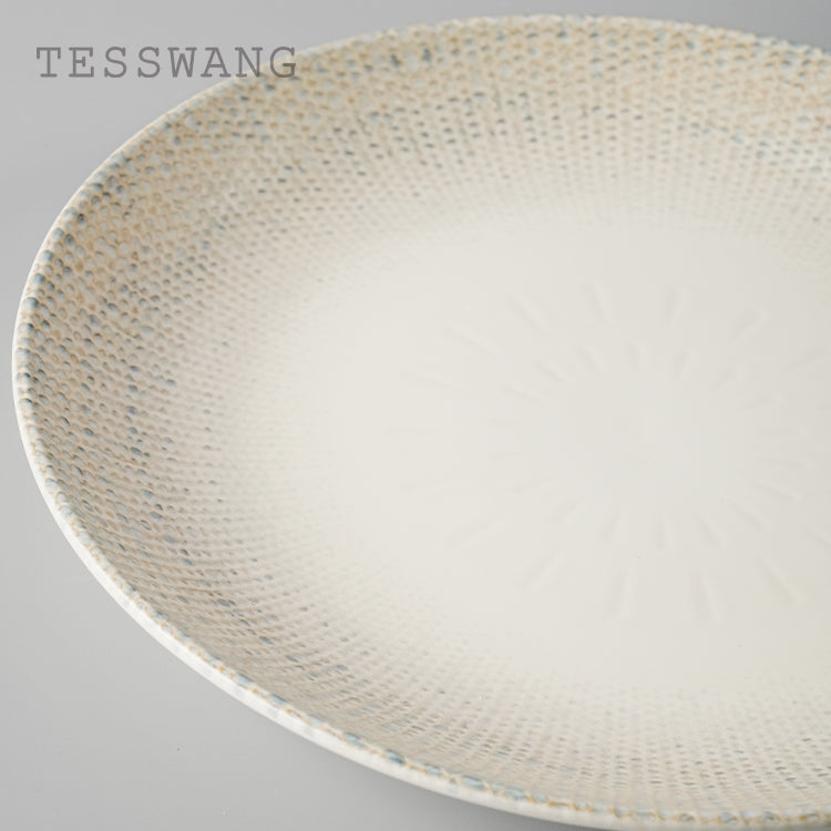 Wheat Whisper Shallow Plate 11" — Outward-Rim Dotted Wide-Well Ceramic Plate