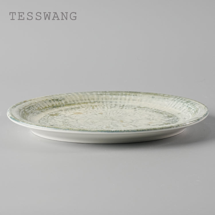 Frost Bloom Oval Fish Plate 9.5" — Carved Rim Ceramic Serving Platter