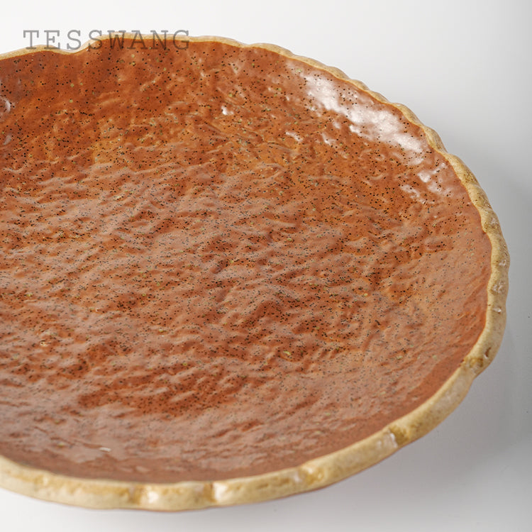 Iron Bloom Stone-Texture Plate 9" — Petal-Rim Lava Glaze Ceramic Dish