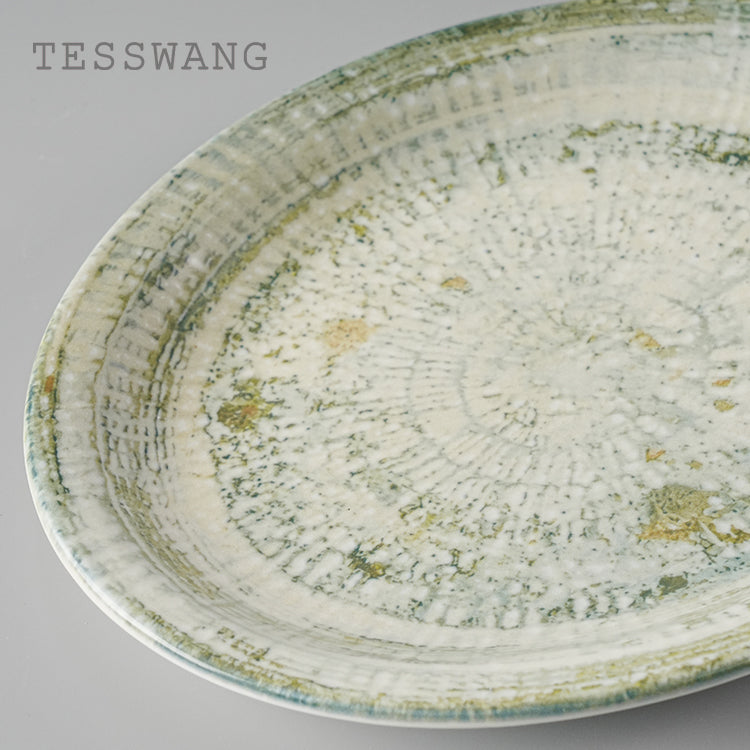 Frost Bloom Oval Fish Plate 9.5" — Carved Rim Ceramic Serving Platter