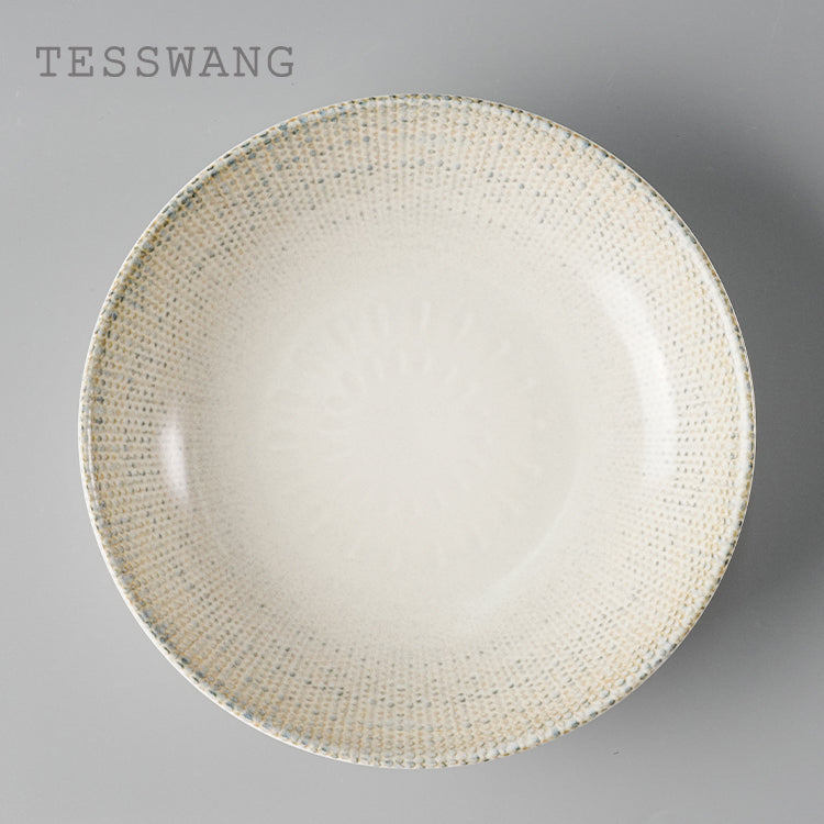 Wheat Whisper Shallow Bowl 8" — Dotted Rim Wide-Well Ceramic Bowl