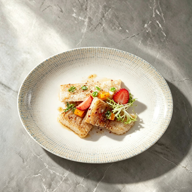 Wheat Whisper Oval Fish Plate 9.5" — Dotted Rim Narrow-Edge Ceramic Serving Platter
