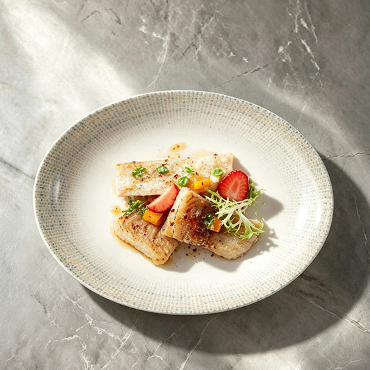 Wheat Whisper Oval Fish Plate 9.5" — Dotted Rim Narrow-Edge Ceramic Serving Platter