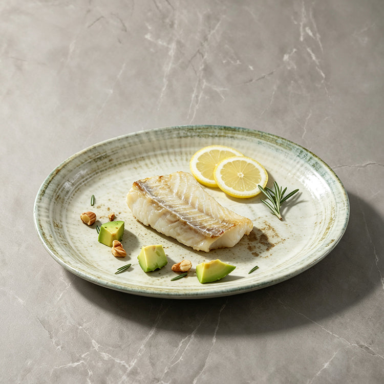 Frost Bloom Oval Fish Plate 9.5" — Carved Rim Ceramic Serving Platter