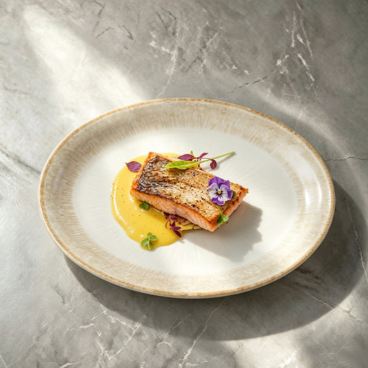 Gilded Edge Oval Fish Plate 9.5" — Narrow-Rim Ceramic Serving Platter