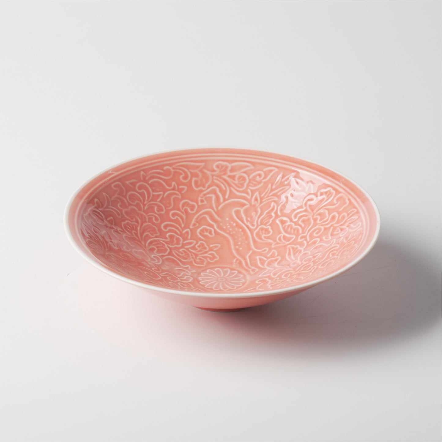 Pink Glaze Deer & Floral Conical Ceramic Bowl