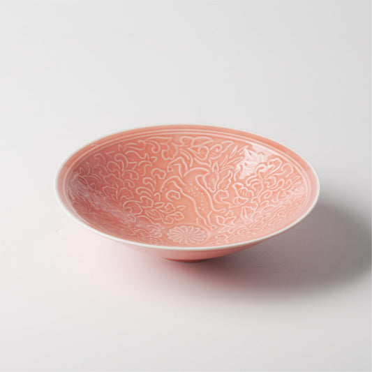 Pink Glaze Deer & Floral Conical Ceramic Bowl