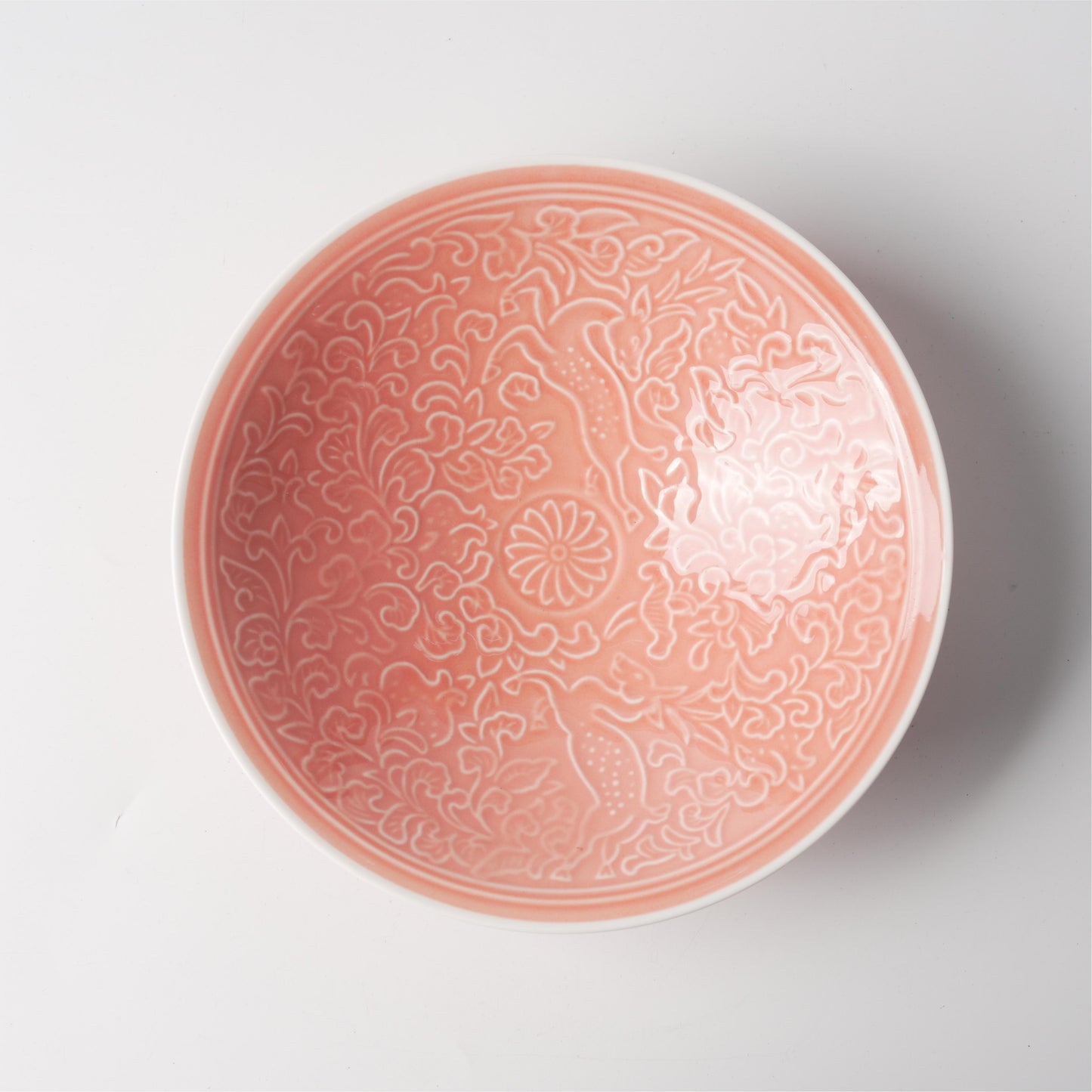 Pink Glaze Deer & Floral Conical Ceramic Bowl