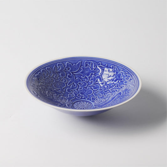 Cobalt Blue Glaze Deer & Floral Conical Ceramic Bowl