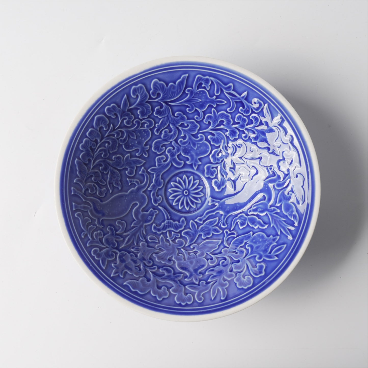 Cobalt Blue Glaze Deer & Floral Conical Ceramic Bowl
