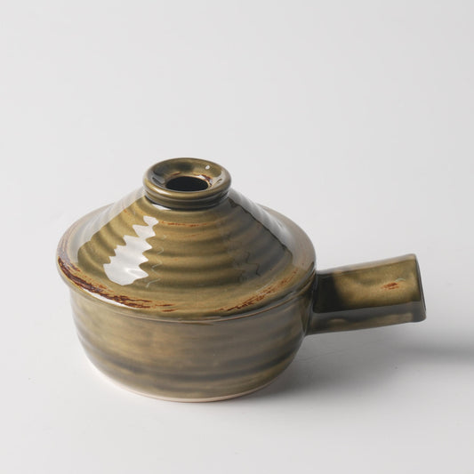 Moss Kiln-Glazed Spiral Side-Handle Ceramic Pot