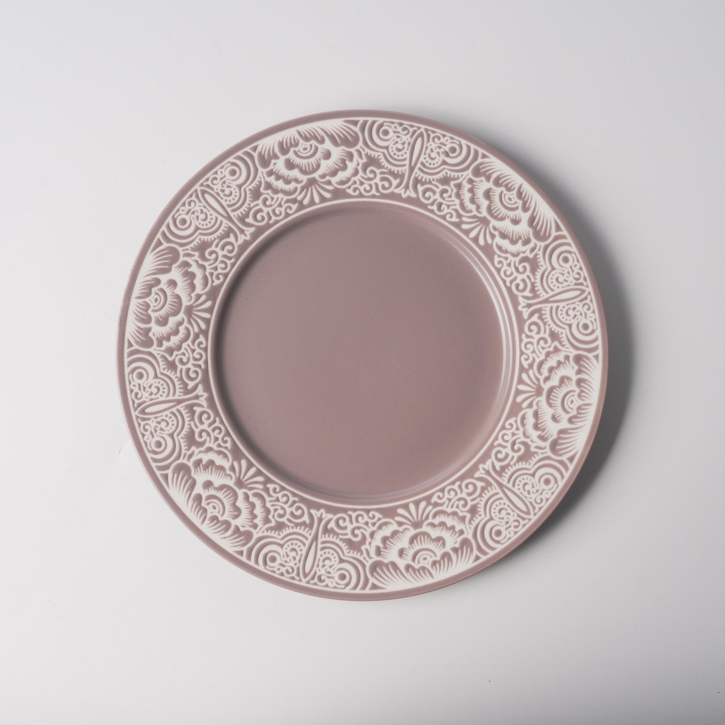Dusty Rose Floral Scroll Relief Ceramic Plate