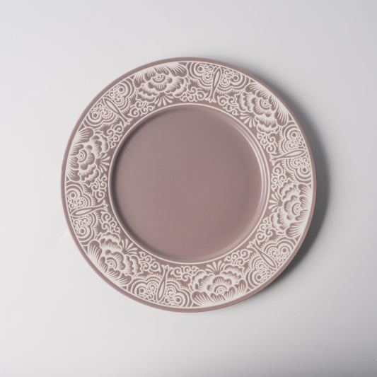 Dusty Rose Floral Scroll Relief Ceramic Plate