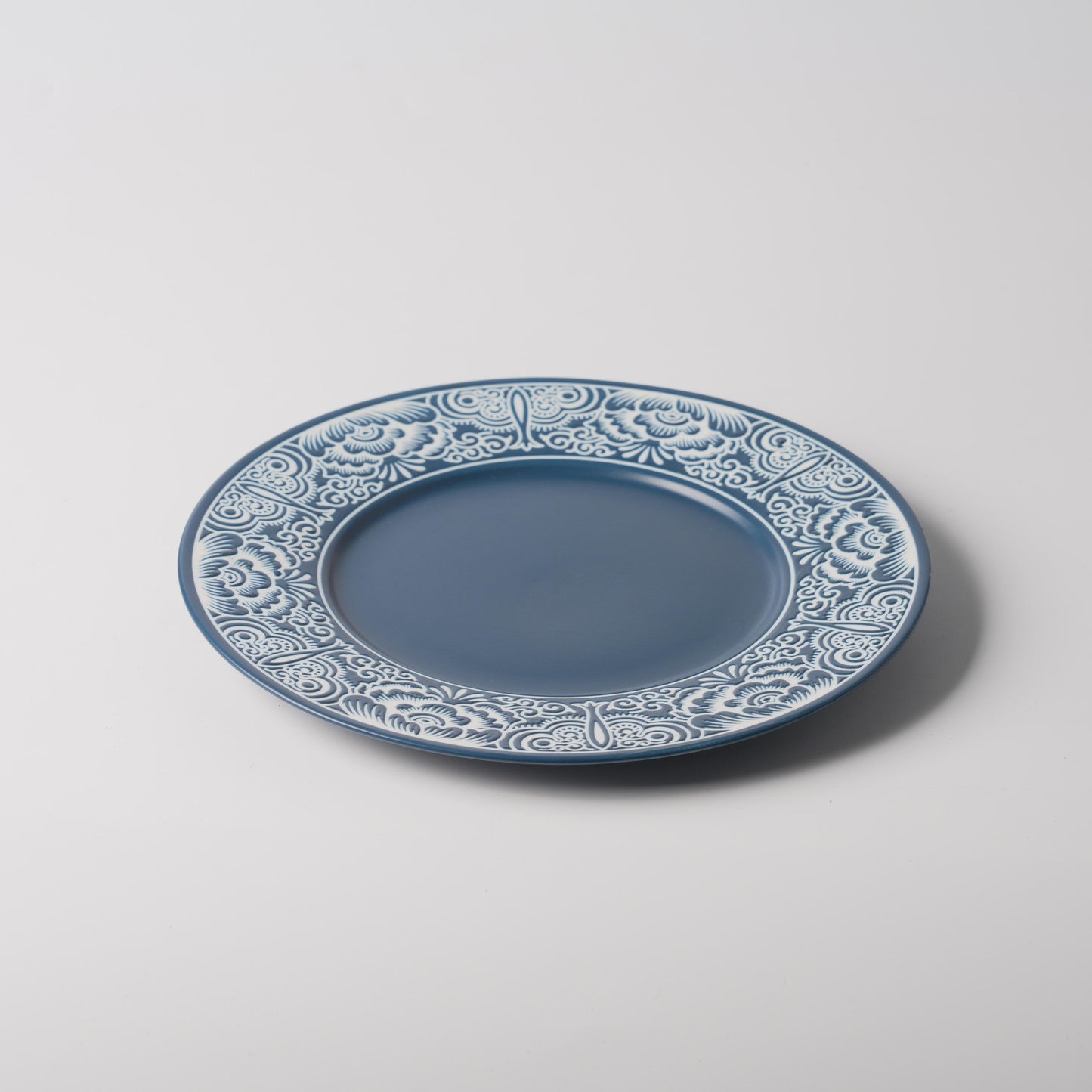 Slate Blue Floral Scroll Relief Ceramic Plate