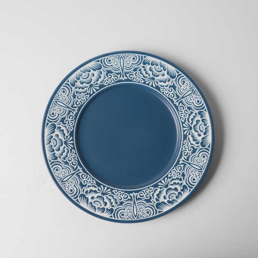 Slate Blue Floral Scroll Relief Ceramic Plate