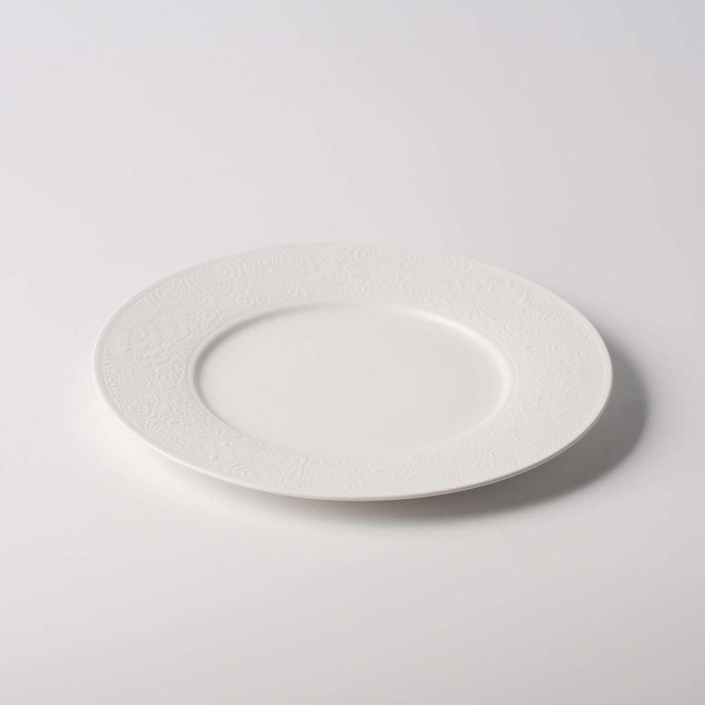 White Tonal Floral Scroll Relief Ceramic Plate