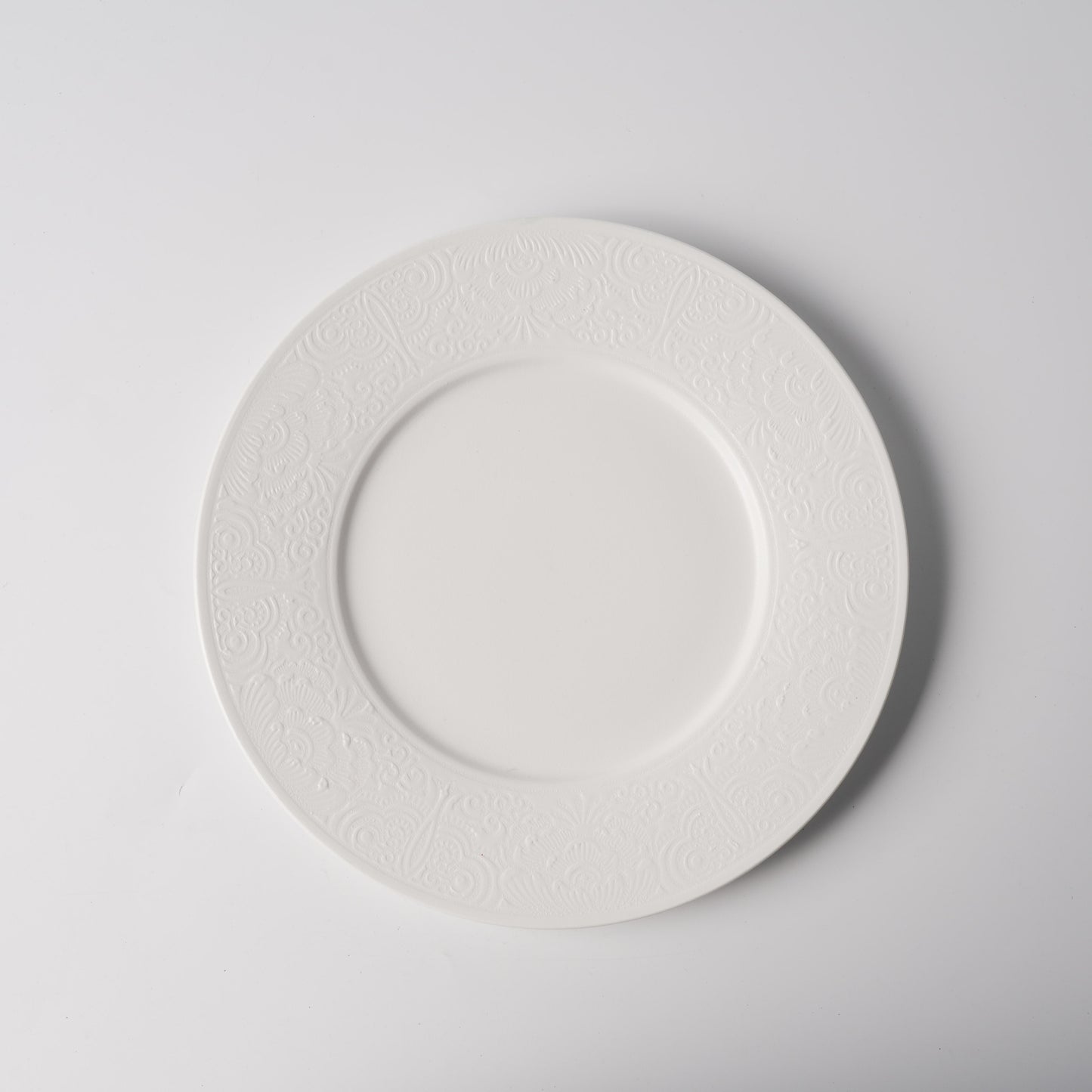 White Tonal Floral Scroll Relief Ceramic Plate