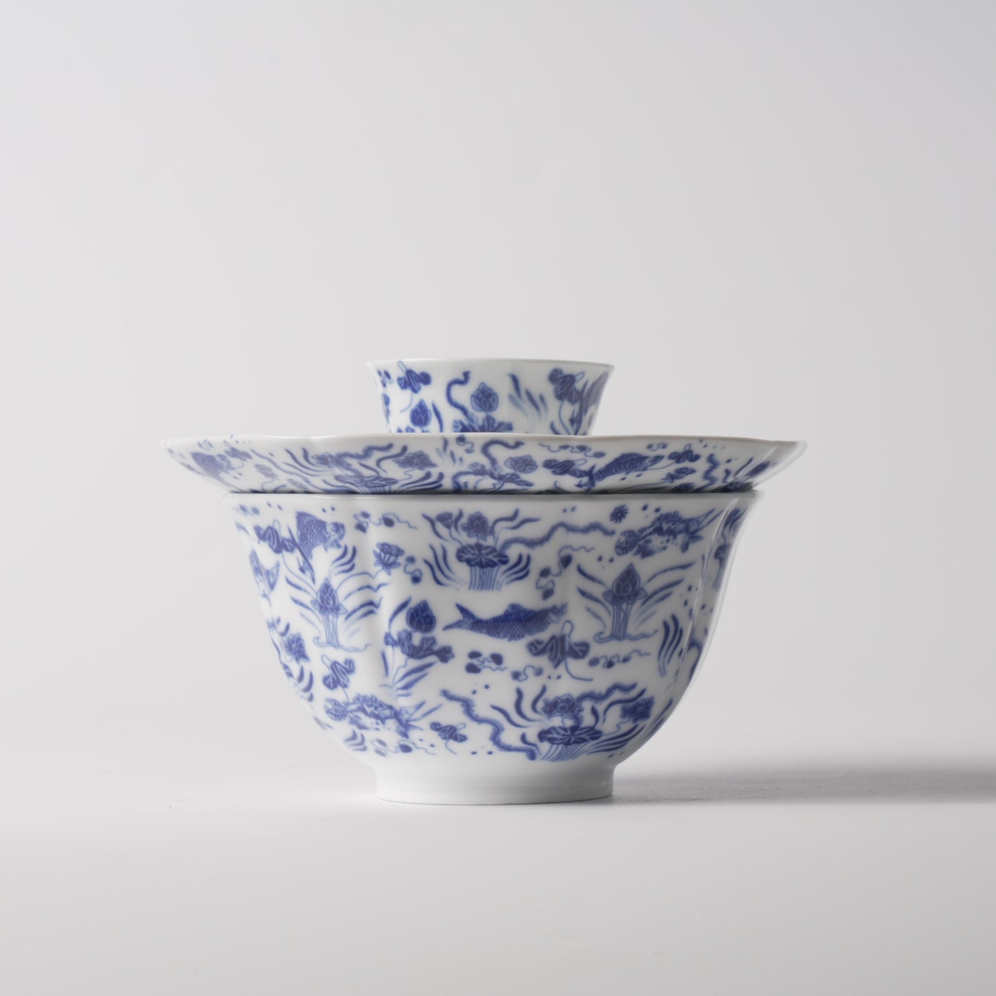 Blue & White Aquatic Motif Soup Bowl Set — Bowl, Divided Condiment Dish & Cup