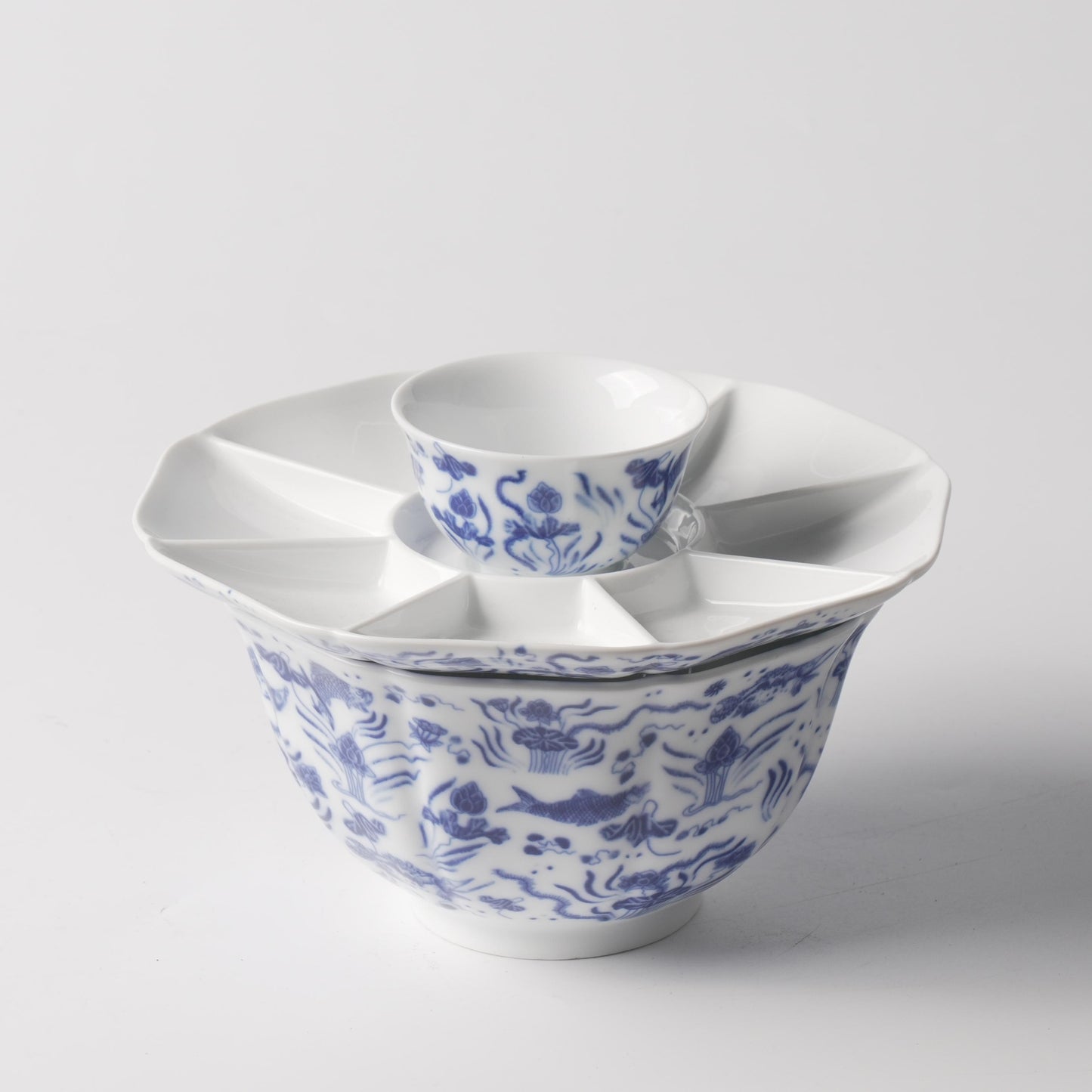 Blue & White Aquatic Motif Soup Bowl Set — Bowl, Divided Condiment Dish & Cup