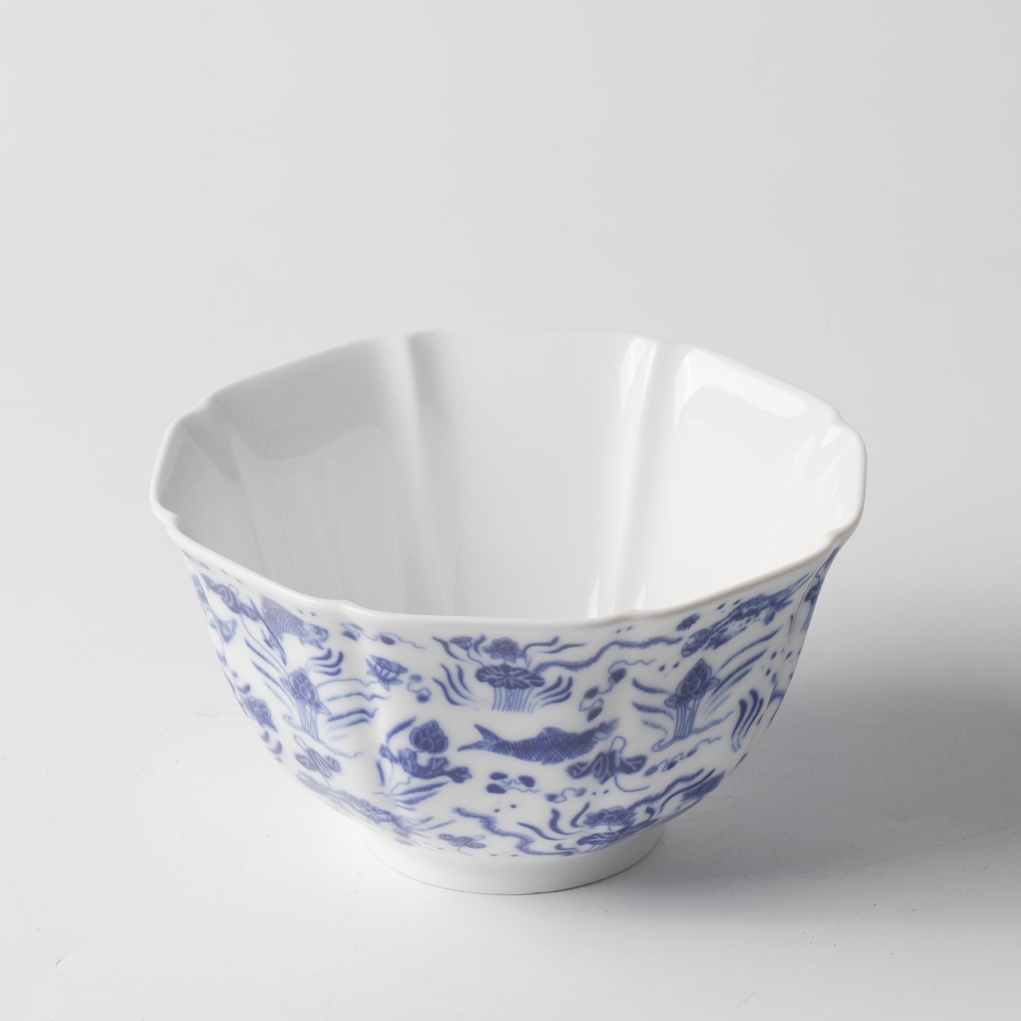 Blue & White Aquatic Motif Soup Bowl Set — Bowl, Divided Condiment Dish & Cup