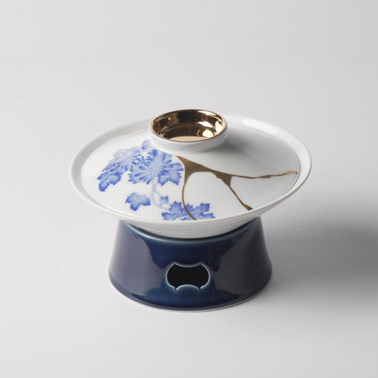 Chrysanthemum & Golden Ginkgo — 7.5" Song Porcelain Covered Bowl with Warming Stand