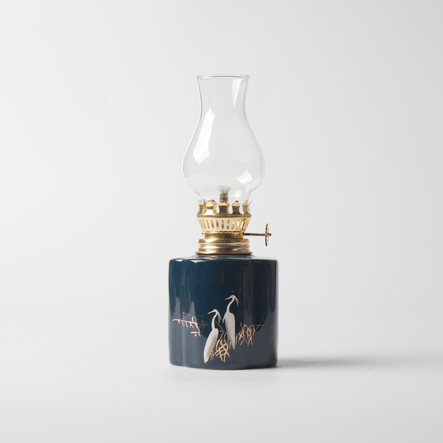 Hand-Painted Celadon Blue Heron Oil Lamp