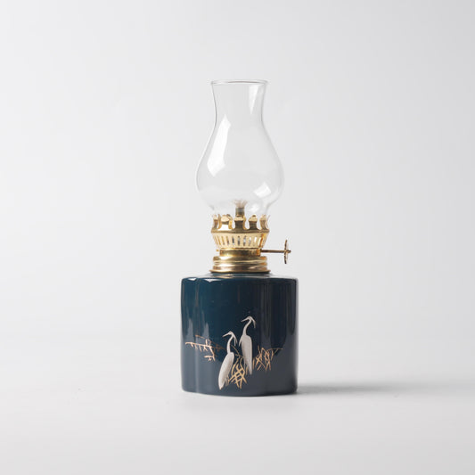 Hand-Painted Celadon Blue Heron Oil Lamp
