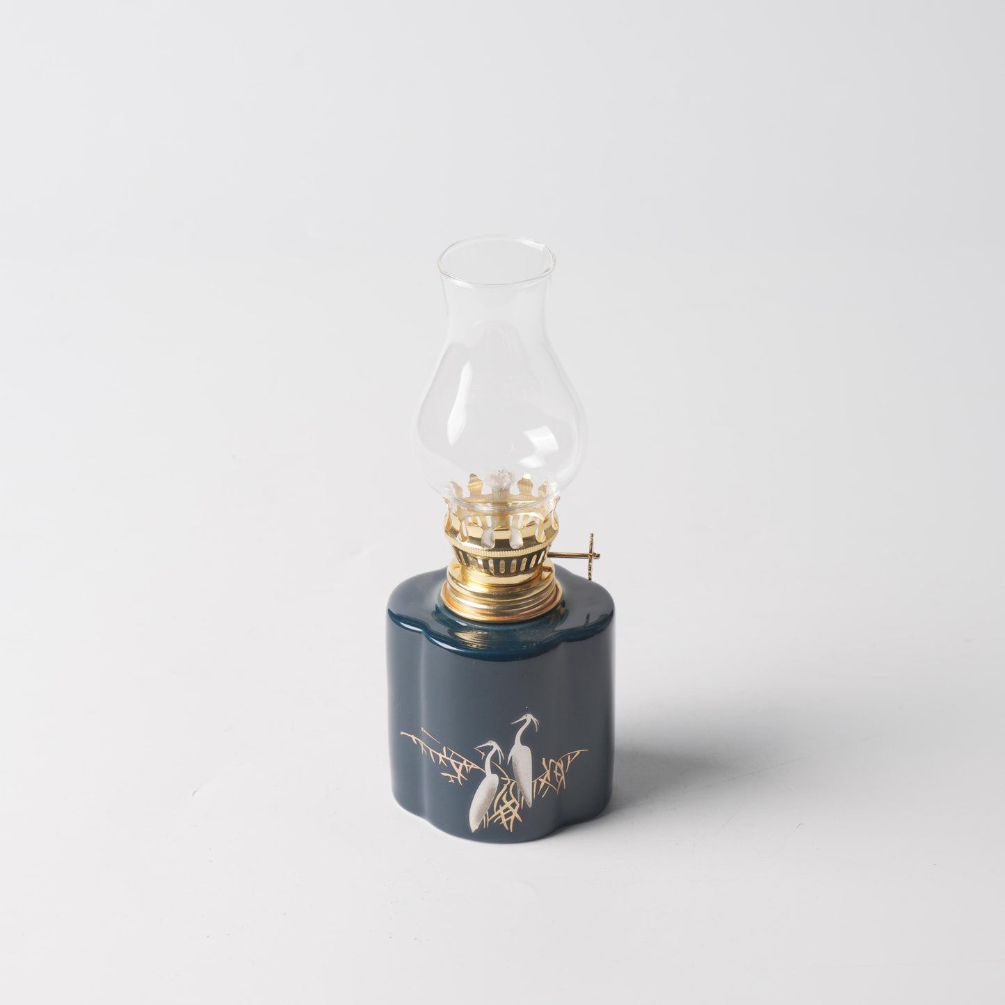 Hand-Painted Celadon Blue Heron Oil Lamp