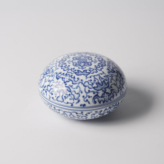 Fu Lu — 6" Blue & White Lotus Scroll Oval Covered Jar