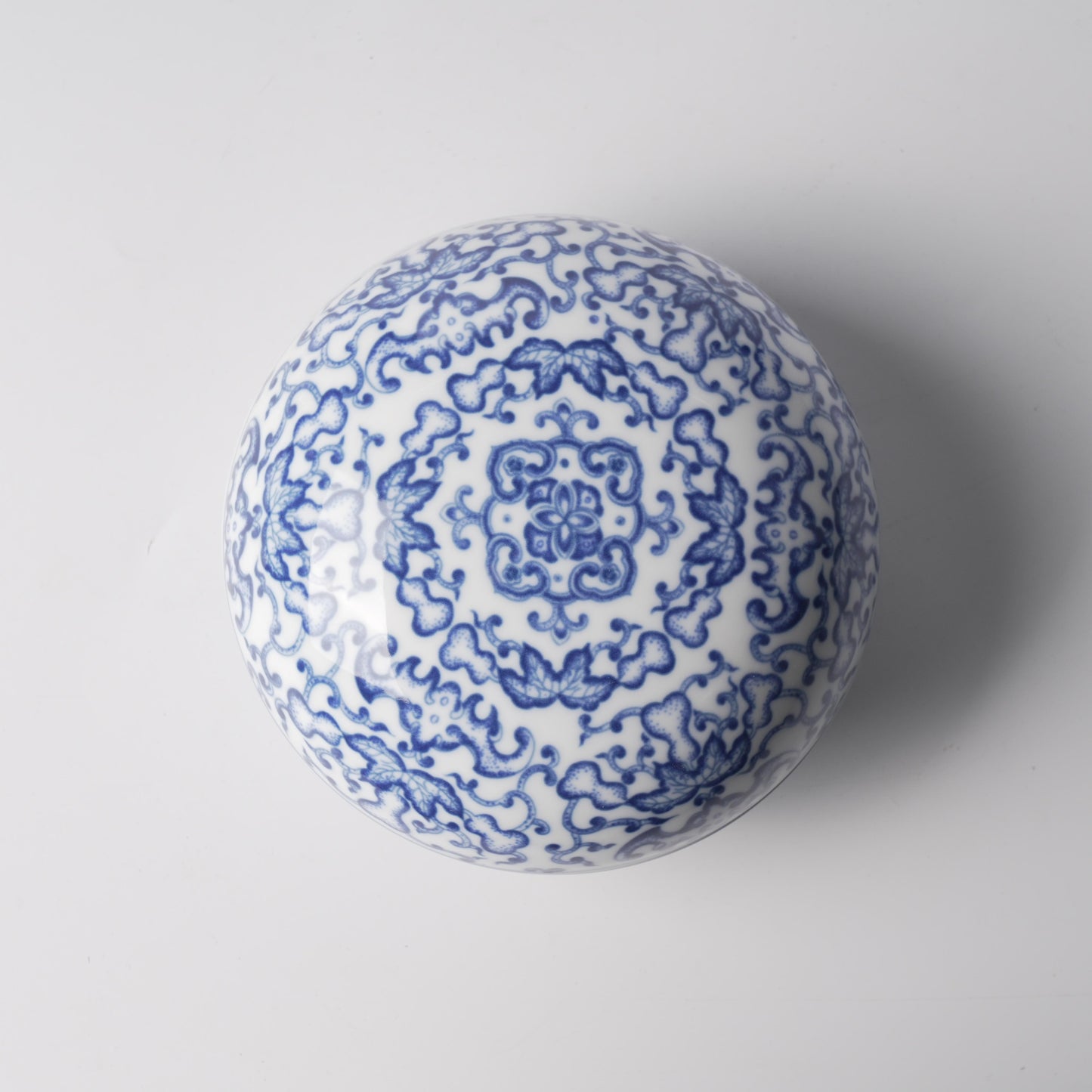 Fu Lu — 6" Blue & White Lotus Scroll Oval Covered Jar