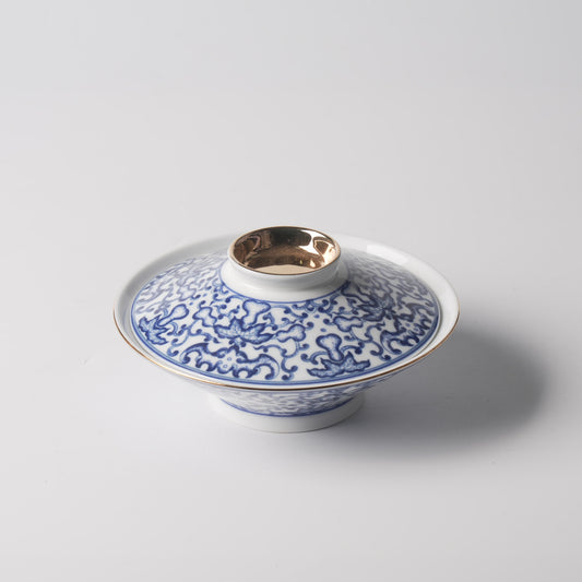 Fu Lu Gold — 7.5" Blue & White Peony Scroll Song Porcelain Covered Bowl