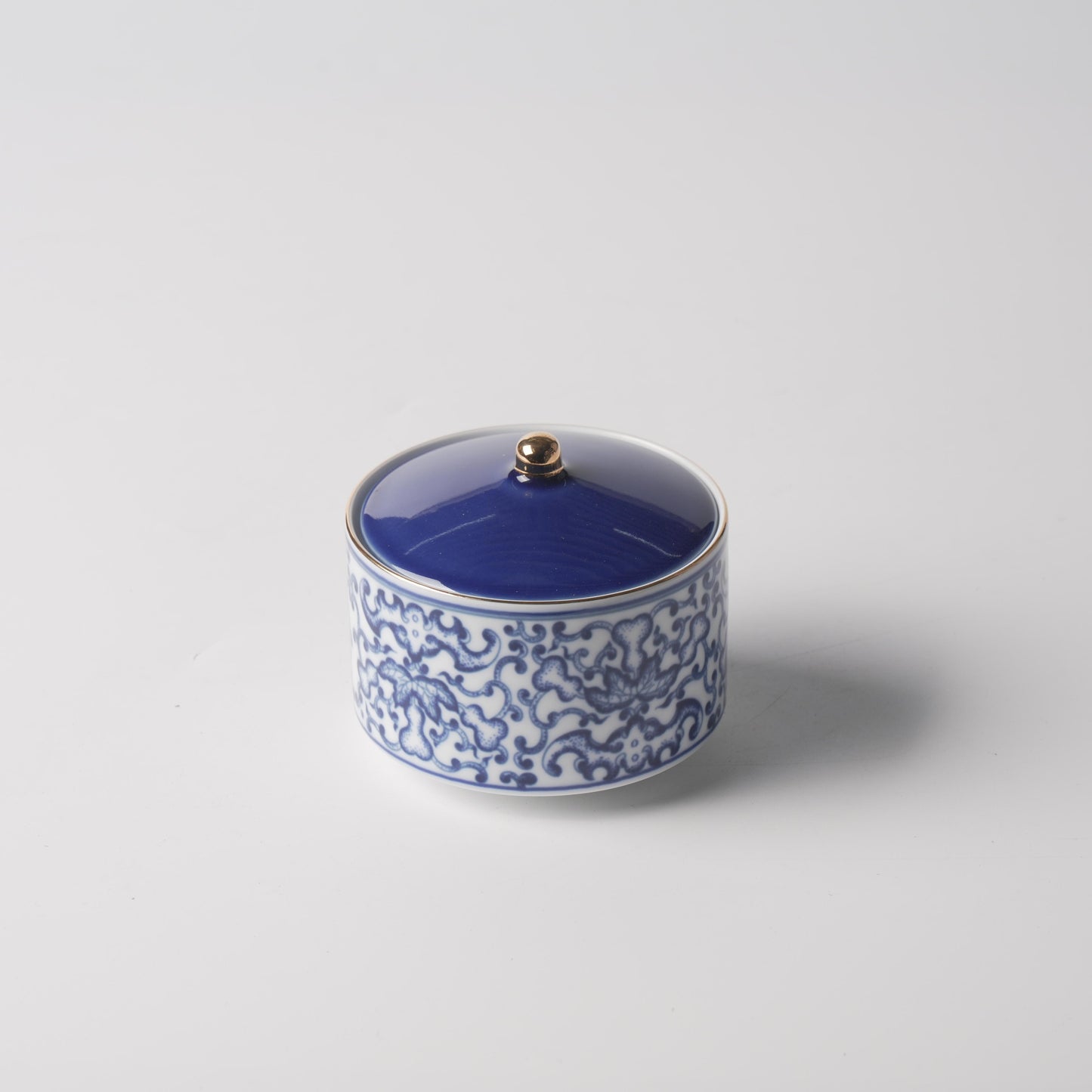 Fu Lu Gold — 4" Imperial Blue & White Lotus Scroll Double-Boiler Jar