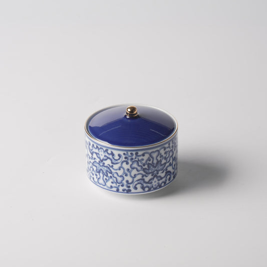 Fu Lu Gold — 4" Imperial Blue & White Lotus Scroll Double-Boiler Jar
