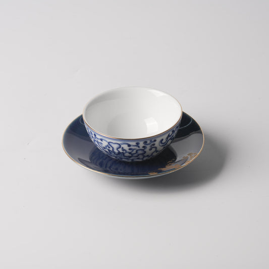 Fu Lu Gold — 5" Magnolia Saucer & 4" Blue & White Scroll Bowl Set