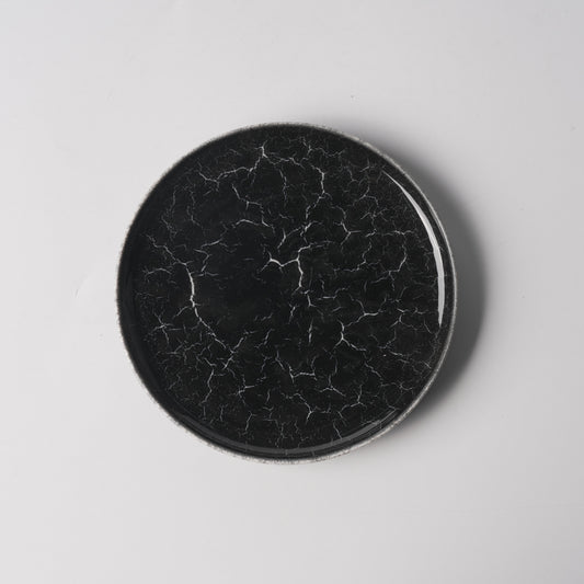 Black Ice-Crack Glaze Raised-Rim Round Plate