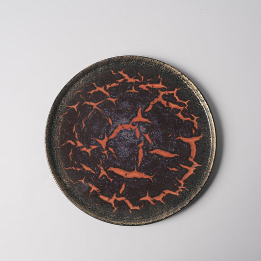 Crimson Crack Shadow Glaze Flat Round Plate